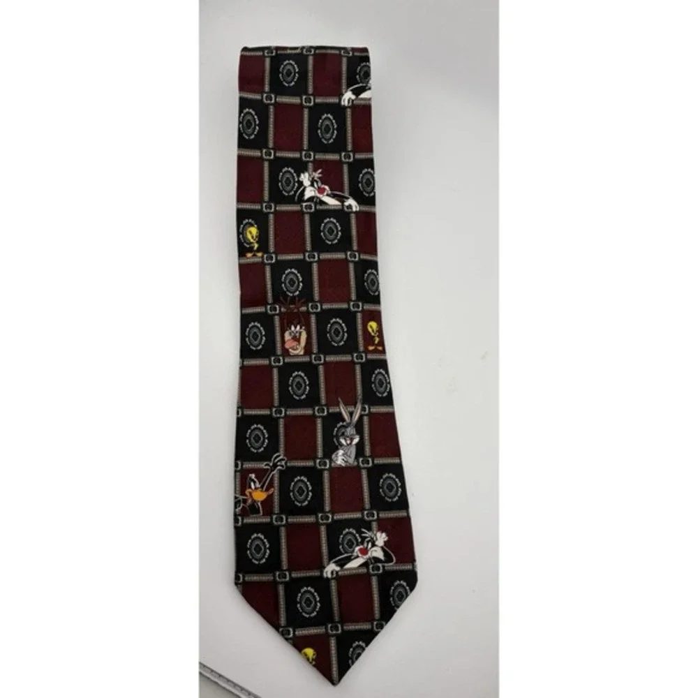 Vintage 1997 Looney Tunes Six Flags Silk Tie Burgundy Black Bugs Bunny Daffy Taz